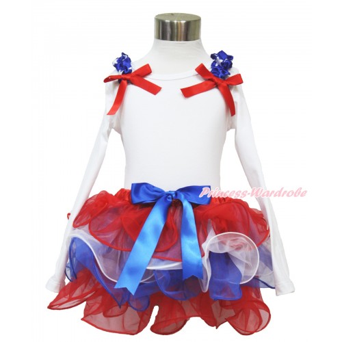 American's Birthday White Baby Long Sleeves Top & Patriotic American Star Ruffles & Red Bow with Royal Blue Bow Red White Blue Baby Petal Pettiskirt NQ31